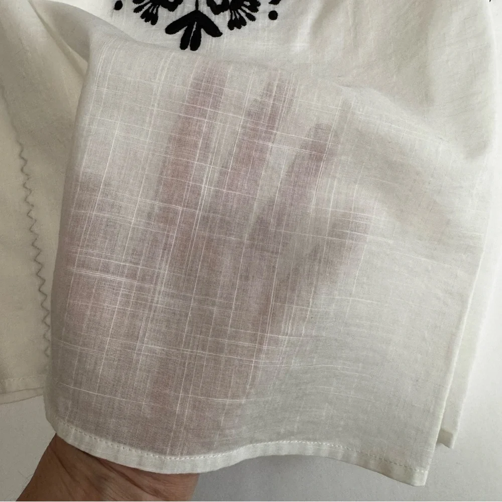 J.Crew White Cotton Gauze Black Embroidered V-Neck Puff Sleeve Top 0